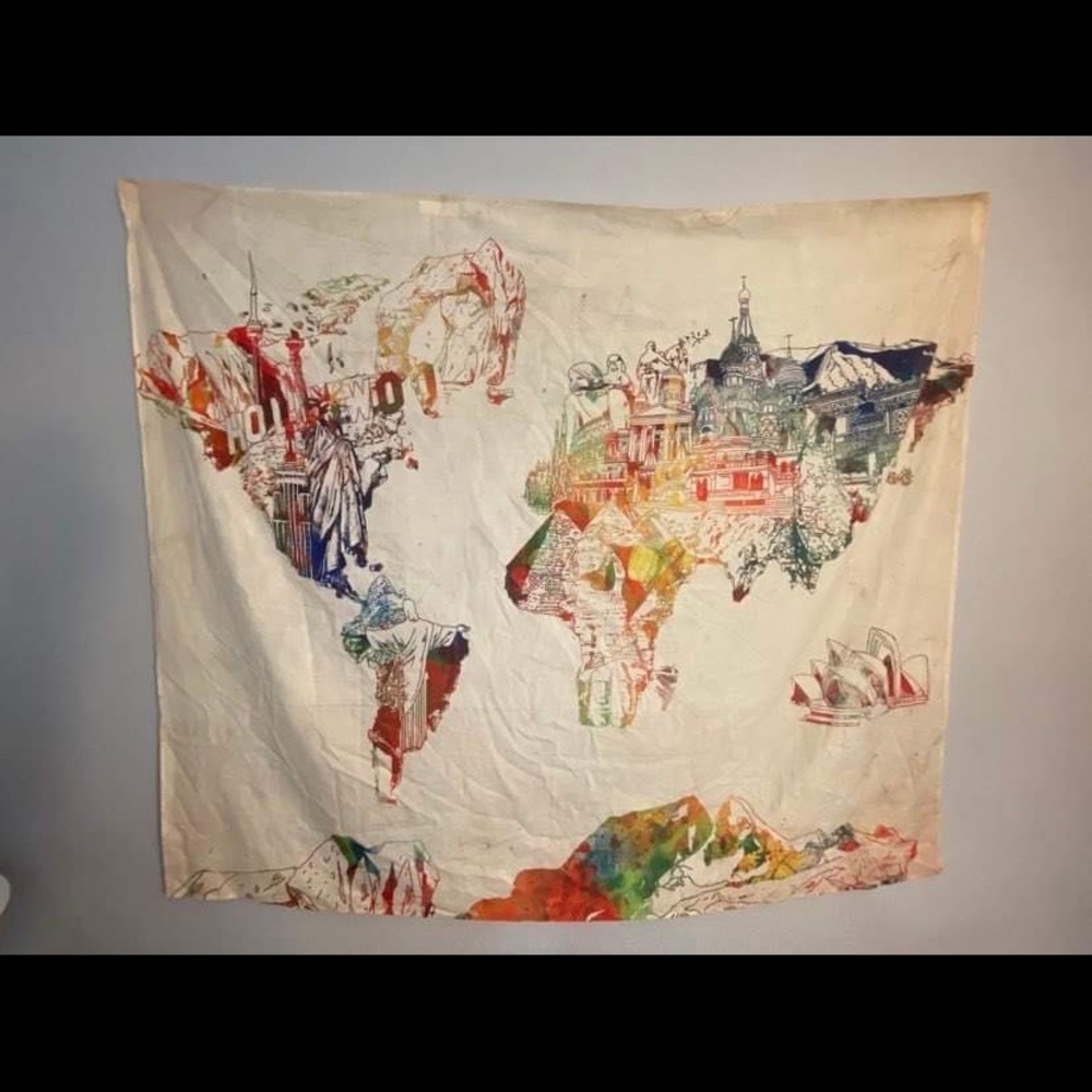 Colorful world map tapestry